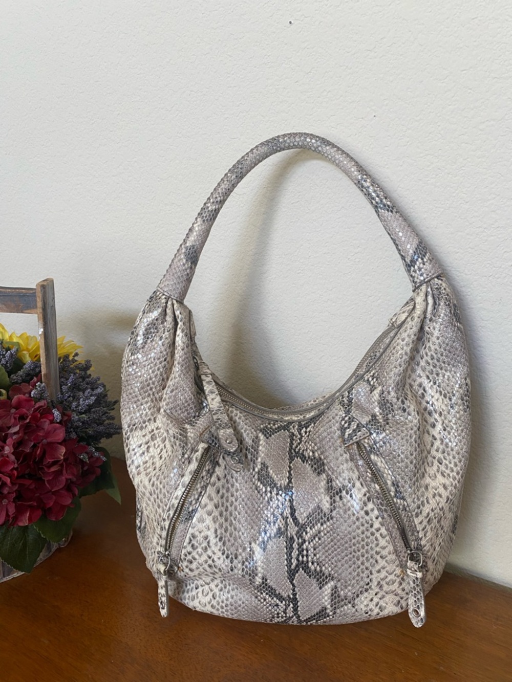 $328 Cole Haan Chelsea Hobo Gray Cream Snakeskin Print Shoulder Bag